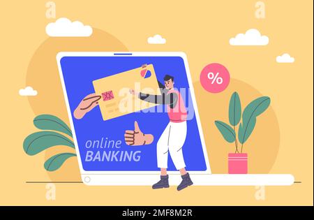 Le persone pagano fatture app mobile banking. L'uomo usa il conto bancario online. Pagamenti in remoto per gli acquisti. Computer portatile e ragazzo con carta di credito. Finanziario Illustrazione Vettoriale