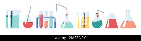 Vetreria trasparente con reagenti chimici. Provette da laboratorio. Ricerca scientifica medica. Attrezzatura sperimentale. Bicchiere graduato da laboratorio. Bottiglia Illustrazione Vettoriale