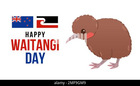 Felice Waitangi giorno vettore modello di sfondo. Nuova Zelanda, uccello kiwi. 6 febbraio. Illustrazione Vettoriale