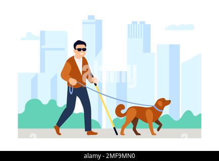 Uomo cieco con cane guida che cammina nel parco. Passeggiate all'aperto per disabili. Animale domestico di testa maschio handicappato. Disabilità visiva. Animale addestrato compagno Illustrazione Vettoriale