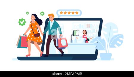 Giovane coppia shopping online. Persone che acquistano vestiti da un computer portatile. Clienti che effettuano acquisti. Applicazione per computer. Acquirenti felici con borse del negozio Illustrazione Vettoriale