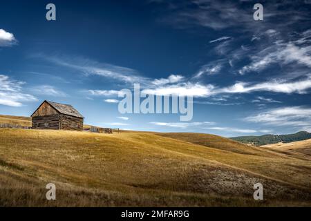 Una piccola capanna di legno su una collina sotto un cielo blu profondo lungo le colline dell'Alberta vicino a Pincher Creek Canada. Foto Stock