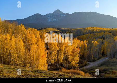 Wilson Peak - una vista del tramonto autunnale del Wilson Peak circondato da una foresta di aspini dorati. Telluride, Colorado, Stati Uniti. Foto Stock