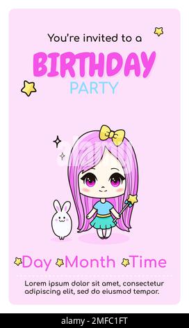 Buon compleanno carta di invito verticale con anime chibi ragazza. Illustrazione Vettoriale