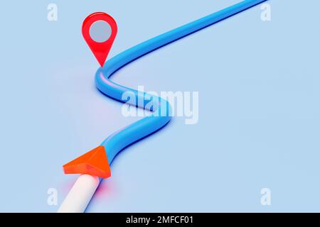 3d illustrazione della geolacazione di marcatura con un indicatore di navigazione di percorso tortuoso su una mappa Foto Stock