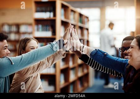 Abbiamo fatto una buona scelta studiando insieme. un gruppo di studenti universitari che si accanono al campus. Foto Stock