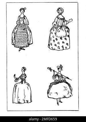 Disegno di abbigliamento femminile durante il regno di Giorgio II dal libro ' costume inglese ' di Dion Clayton Calthrop, 1878-1937 Data di pubblicazione 1907 Editore London, A. & C. Black Foto Stock