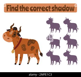 Trova l'ombra giusta. Gioco educativo di corrispondenza per i bambini. Foglio di lavoro bambini prescolare. Belle forme di mucca e di animali. Attività logica. Prova mentale Illustrazione Vettoriale
