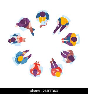 Uomini e donne seduti su sedie circolari. Persone sedute in poltrone. Vista dall'alto. Terapia psicologica. Sedili in cerchio. Discussione sul brainstorming aziendale Illustrazione Vettoriale