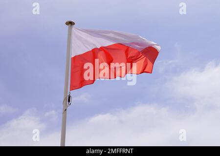 Bandiera polonia Polish bandiera nazionale di stato sul tappetino del vento con cielo nuvoloso blu Foto Stock