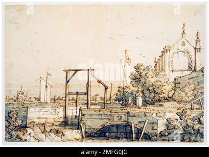 Canaletto (canale Giovanni Antonio), Capriccio con porta a serratura di un fiume, disegnando in penna e inchiostro con pennello e lavaggio, circa 1754 Foto Stock
