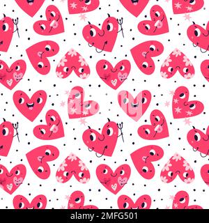 Cuore divertente modello senza cuciture. Personaggi emotoji cartoon. Simboli dell'amore e del romanticismo. Carini di San Valentino con volti sorridenti. Espressioni emotive. Amour Illustrazione Vettoriale