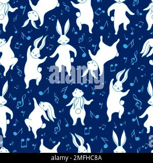 Conigli bianchi ballo divertente celebrazione senza cuciture modello. Simbolo Lepre nuovo anno 2023. Sfondo con simpatici animali da cartone animato, isolato su note musicali i Illustrazione Vettoriale