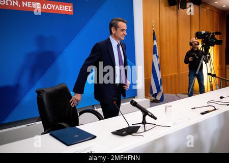 Grecia, Atene, 2023-01-23. Il primo ministro greco Kyriakos Mitsotakis ha dato una conferenza stampa tematica sul tema: Economia, sviluppo e lavoro Foto Stock