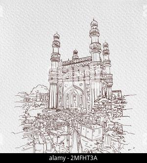 Charminar Hyderabad India, illustrazione o schizzo, illustrazione disegnata a mano, illustrazione asiatica, illustrazione della linea di Hyderabad City, CITTÀ DI HYDERABAD . Foto Stock