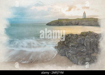 Il faro dell'isola di Llanddwyn. TWR Bach Digital Watercolor painting a Ynys Llanddwyn ad Anglesey, Galles, Regno Unito. Foto Stock