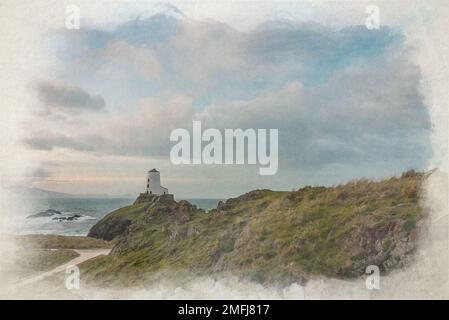 Il faro dell'isola di Llanddwyn. TWR Mawr Digital Watercolor painting at Ynys Llanddwyn on Anglesey, Wales, UK. Foto Stock