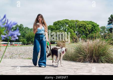 giovane donna latina di etnia colombiana, vestita di blu e con capelli lunghi, sta utilizzando il telefono cellulare di controllo messaggi e camminare con il suo cane al par Foto Stock