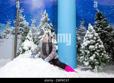 Thailandia. 25th Jan, 2023. Un turista visto godendo la freddezza sotto -10 gradi Celsius e la neve simulata. Decorazioni per creare una città innevata, con lo scivolo della neve, la casa di Eskimo e gli alberi di pino coperti di neve sono visti al 'Snow Buddy Winter Land' nello Zoo di Chiang mai. Credit: SOPA Images Limited/Alamy Live News Foto Stock