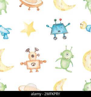 Watercolor Space Seamless Paper, Planets, Star, Moon, Astronauta paper, Aliens nave, robot, ripetizione modello per tessuto, Boy stampa design, cosmo pri Foto Stock