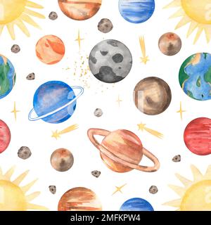 Watercolor Space Seamless Paper, Planets, Star, Moon, Astronauta paper, Ripetizione motivo per tessuto, disegno di stampa Boy, stampa cosmo, scrapbook Foto Stock