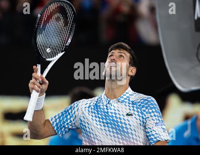 Melbourne, Australia. 25th Jan, 2023. Novak Djokovic di Serbia festeggia dopo il quarto finale maschile contro Andrey Rublev di Russia all'Australian Open di Melbourne Park a Melbourne, Australia, il 25 gennaio 2023. Credit: HU Jingchen/Xinhua/Alamy Live News Foto Stock