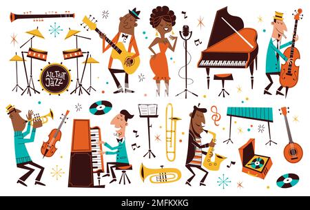Musica jazz cartoon. Simpatici musicisti professionisti con strumenti, personaggi comici, orchestra, cantante, sassofonista e pianista Illustrazione Vettoriale