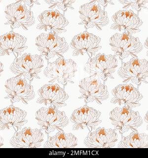 Motivo senza cuciture con fiori di crisantemo disegnati a mano per motivi tessili. Foto Stock