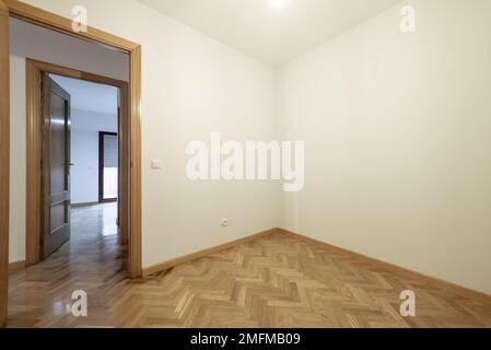 Piccola stanza vuota con pareti dipinte di bianco chiaro, pavimenti in parquet di quercia francese a forma di spina di pesce e porte dello stesso materiale Foto Stock