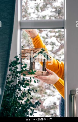 Donna che appende un alimentatore di uccelli sul balcone in inverno. Vita degli uccelli urbani. Protezione degli animali Foto Stock