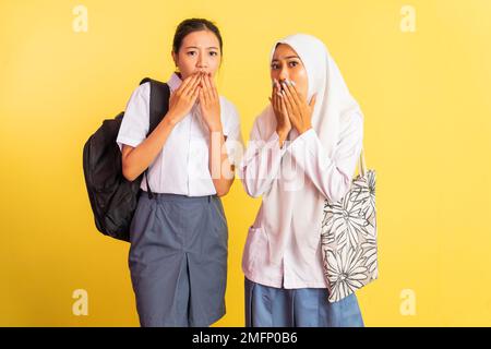 due ragazze delle scuole superiori che trasportano le borse della scuola con le espressioni scioccate Foto Stock