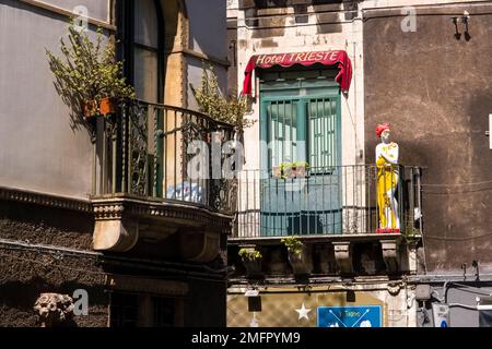 Facciata di case con balconi, piante verdi in pentole e una statua dipinta con arte in uno dei vicoli del centro storico di Catania. Foto Stock