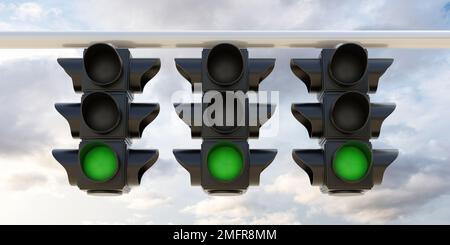 Concetto di viaggio di sicurezza su strada. Semaforo verde, tre semafori sospesi con segnale verde GO su sfondo cielo nuvoloso. rendering 3d Foto Stock