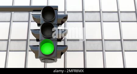 Concetto di viaggio di sicurezza su strada. Semaforo verde, semaforo sospeso con segnale di go verde sullo sfondo del grattacielo. In vista. rendering 3d Foto Stock