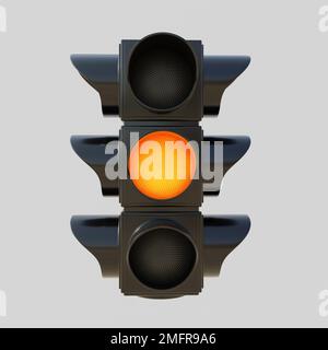 Luce del traffico arancione ambra, giallo, ritaglio isolato su sfondo grigio. Segnale di attenzione avviso traffico semaforo. Concetto di cautela stradale. rendering 3d Foto Stock