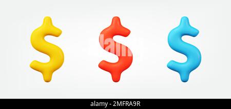 Simbolo del dollaro colorato icona set. rappresentazione realistica del vettore simbolo di denaro. collezione di elementi di design in stile cartoon minimal Illustrazione Vettoriale