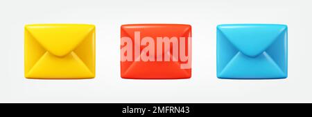 Set di icone colorate 3D della busta di posta. illustrazione realistica del vettore di notifica dei messaggi. collezione di elementi di design in stile cartoon minimal Illustrazione Vettoriale