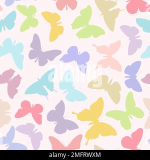 Farfalla ripetizione senza cuciture motivo di sfondo disegno. Illustrazione vettoriale. Casualmente colorate silhouette a farfalla e a farfalla, simpatico motivo girly pastello Illustrazione Vettoriale
