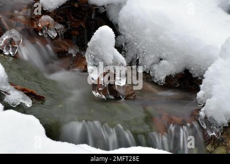 Lunga esposizione di un ruscello in inverno con ghiaccio e neve nel Parco Nazionale di Hunsrueck-Hochwald, Renania-Palatinato, Germania Foto Stock