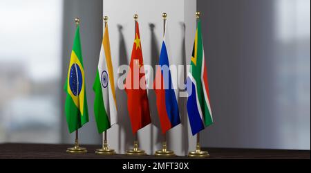 Russia India Cina Brasile bandiere Sud Africa, vertice Russia, India, Cina, Brasile, Sudafrica, 3D lavoro e 3D illustrazione Foto Stock