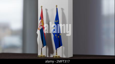 La Serbia e l'Europa al tavolo dei negoziati, battono l'Europa e battono la Serbia. Bandiere su sfondo poco sfocato. 3D lavoro e 3D immagine Foto Stock