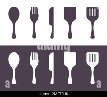 Forchetta cucchiaio coltello cucina posate utensili Silhouette Vector Icon Set Illustrazione Vettoriale