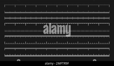 Varie scale di misurazione con divisioni. Scala bianca realistica per misurare la lunghezza o l'altezza in centimetri, millimetri o pollici. Righello, nastro Illustrazione Vettoriale