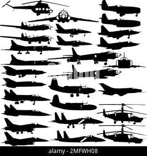Imposta la silhouette del passeggero e dell'aereo militare su uno sfondo bianco. Illustrazione Vettoriale