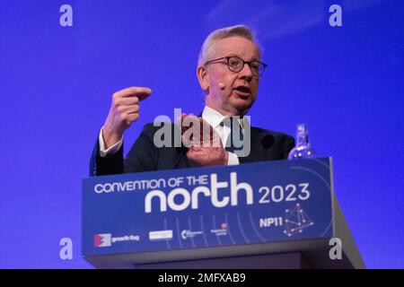 Manchester, Regno Unito. 25th Jan, 2023. Levelling Up Segretario Michael Gove MP alla Convenzione del Nord 2023. 25th gennaio 2023 il Segretario Levelling Up e il Segretario Shadow, il MP Michael Gove e il MP Lisa Nandy, si sono rivolti oggi alla Convention annuale del Nord a Manchester Central. Credit: GaryRobertsphotography/Alamy Live News Foto Stock