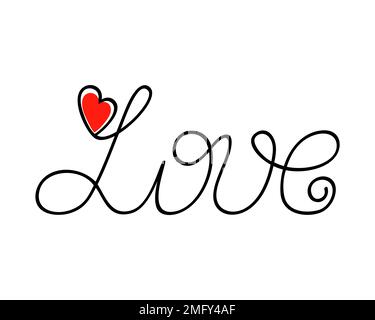 Amore di parola con cuore semplice calligrafia illustrazione vettoriale, simbolo di San Valentino celebrazione giorno, decorazione per la vacanza d'amore, scritta a mano elemento di design alla moda, astratto lettere romantiche Illustrazione Vettoriale