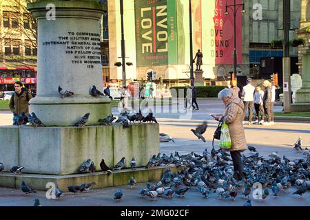 Glasgow, Scozia, Regno Unito 25tht gennaio 2023. UK Weather: Dry ha visto un cambiamento dal recente clima incline come la gente ha preso indietro le strade nella città. Locali e turisti tahe vantaggio del tempo per alimentare i piccioni in George Square. Credit Gerard Ferry/Alamy Live News Foto Stock