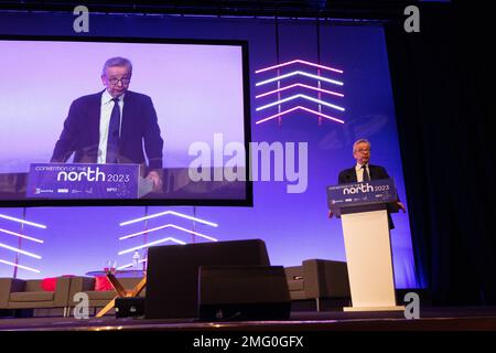 Manchester, Regno Unito. 25th Jan, 2023. Levelling Up Segretario Michael Gove MP alla Convenzione del Nord 2023. 25th gennaio 2023 il Segretario Levelling Up e il Segretario Shadow, il MP Michael Gove e il MP Lisa Nandy, si sono rivolti oggi alla Convention annuale del Nord a Manchester Central. Credit: GaryRobertsphotography/Alamy Live News Foto Stock