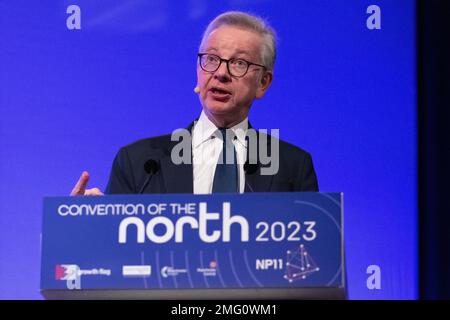 Manchester, Regno Unito. 25th Jan, 2023. Levelling Up Segretario Michael Gove MP alla Convenzione del Nord 2023. 25th gennaio 2023 il Segretario Levelling Up e il Segretario Shadow, il MP Michael Gove e il MP Lisa Nandy, si sono rivolti oggi alla Convention annuale del Nord a Manchester Central. Credit: GaryRobertsphotography/Alamy Live News Foto Stock