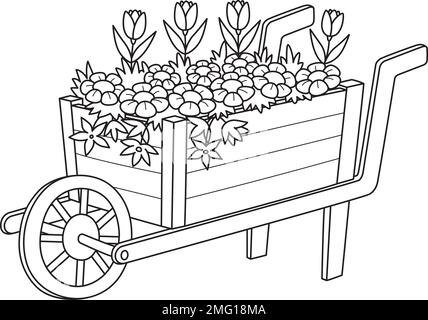 Carriola con fiori isolato da colorare pagina Illustrazione Vettoriale